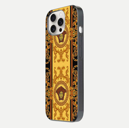 Golden Royal Heritage Glass Case for iPhone 15 Pro Max side-angle image showing reflection glow and luxury detailing