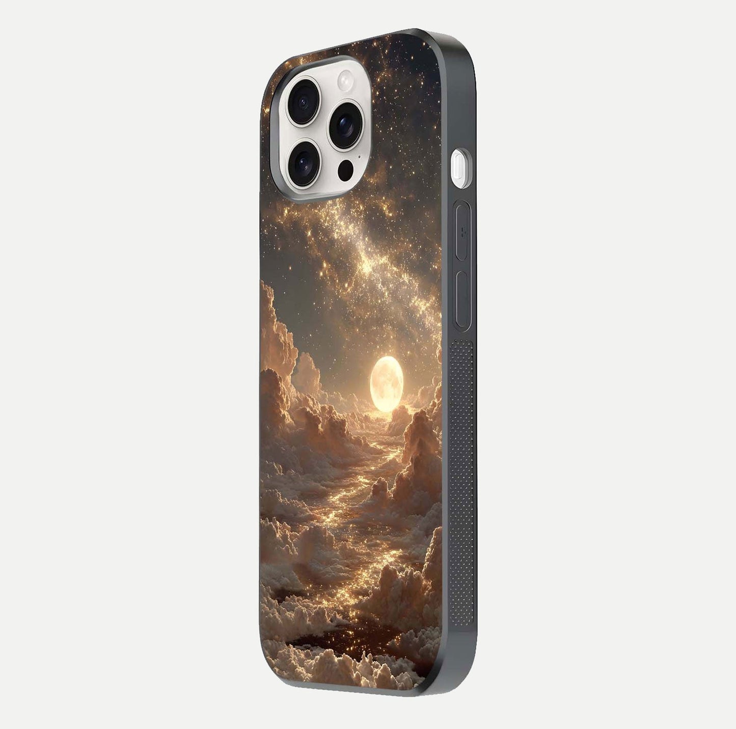 Golden Sky Dream Glass Case for iPhone 15 Pro Max side-angle image showing reflection shine and smooth surface