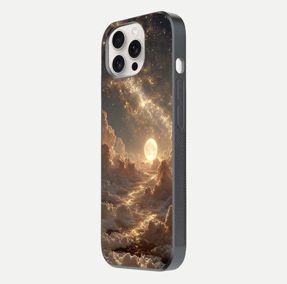 Golden Sky Dream Glass Case for iPhone 15 Pro Max side-angle image showing reflection shine and smooth surface