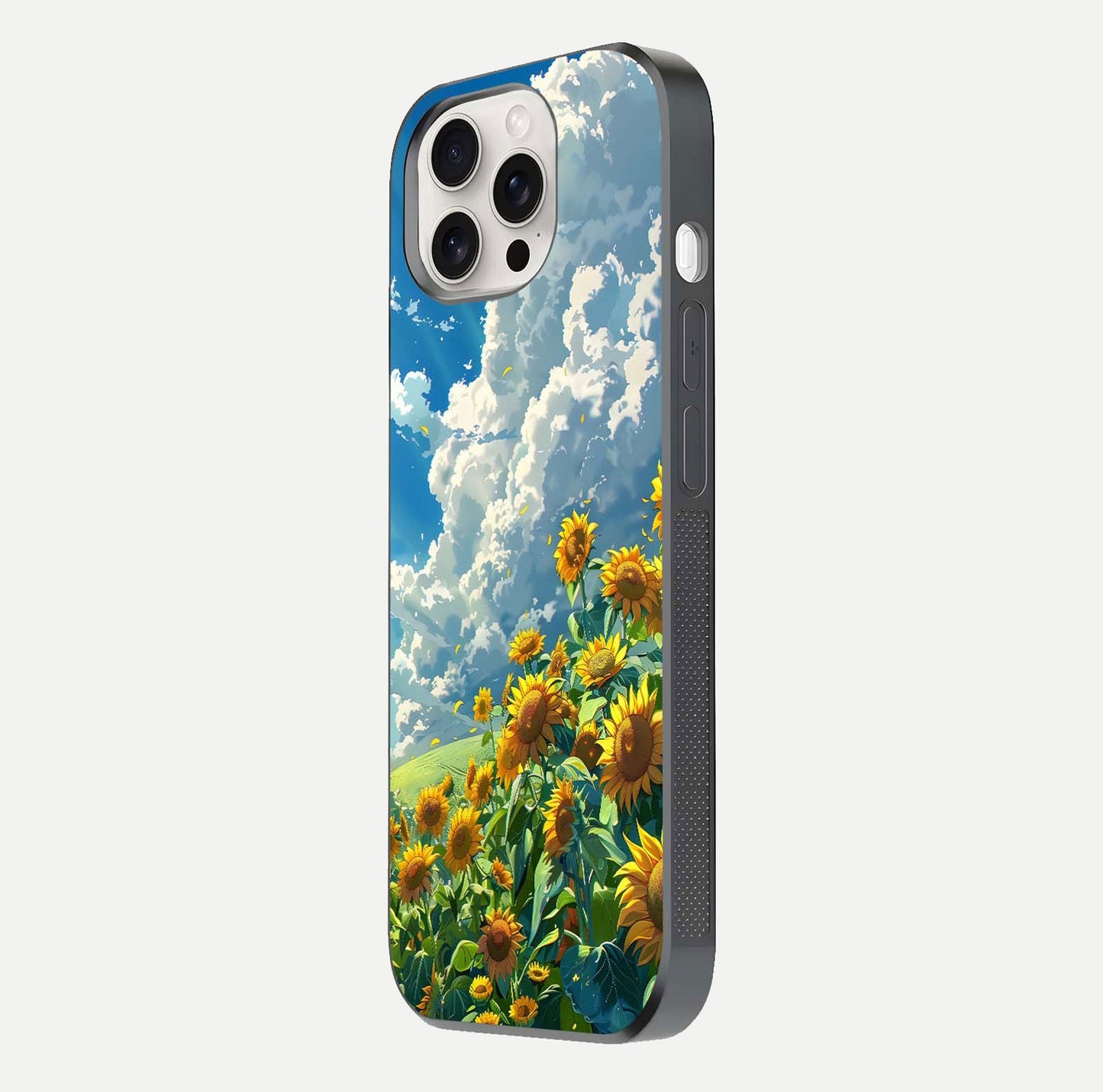 Golden Sun Glory Glass Case for iPhone 15 Pro Max side-angle image showing reflection glow and luminous texture