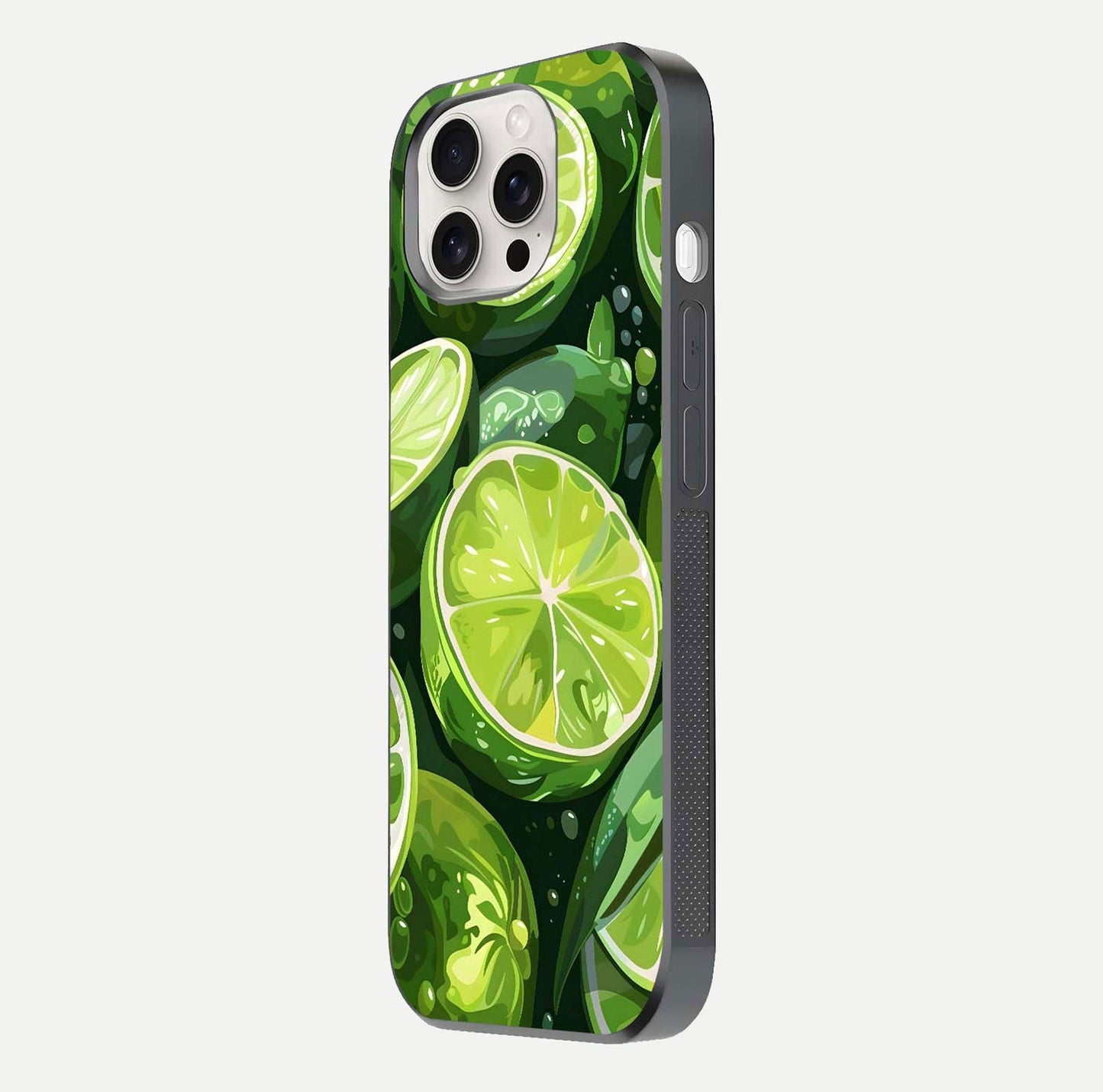 Green Lemon Glass Case for iPhone 15 Pro Max side-angle image showing reflection glow and juicy color tones
