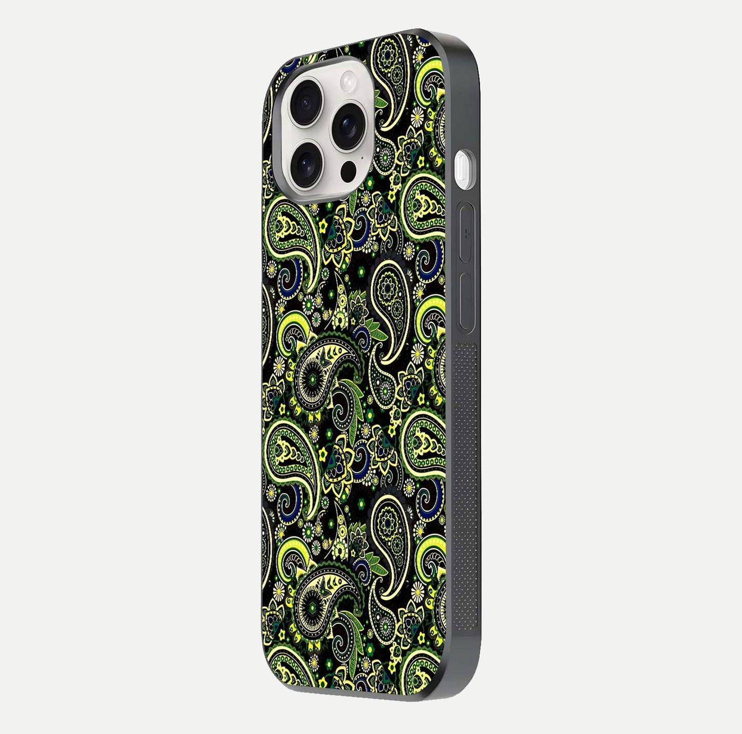 Green Mandala Pattern Glass Case for iPhone 15 Pro Max side-angle image showing reflection clarity and detailed pattern lines