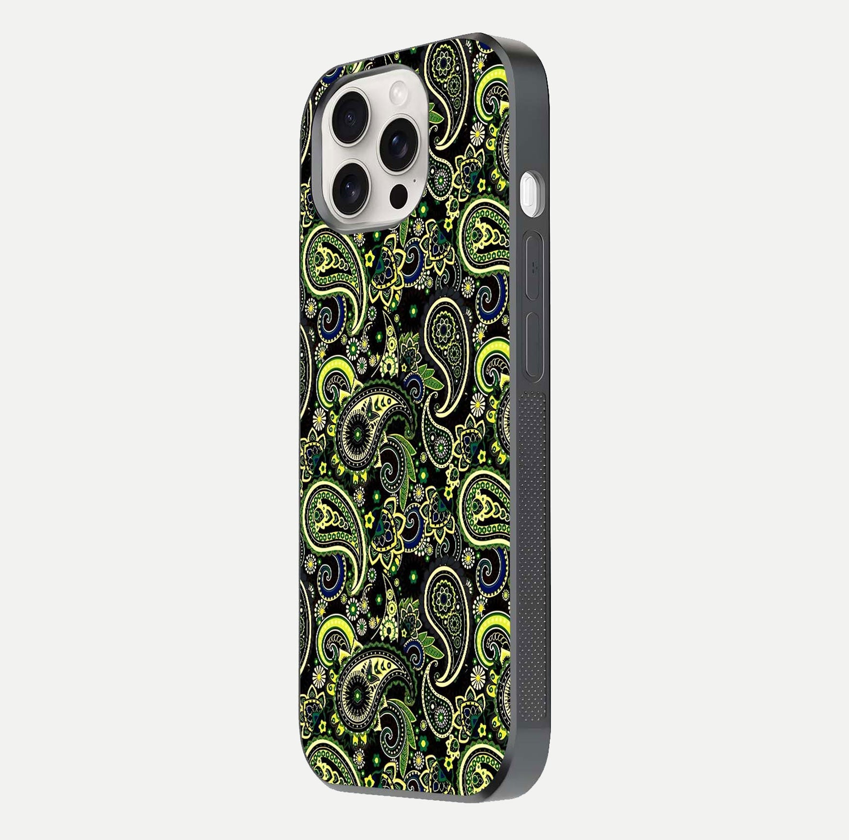 Green Mandala Pattern Glass Case for iPhone 15 Pro Max side-angle image showing reflection clarity and detailed pattern lines