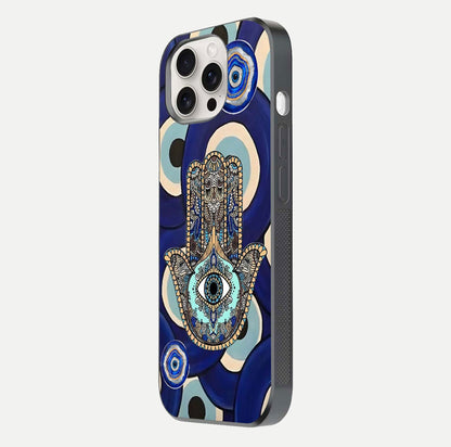 Hamsa Divine Guard Glass Case for iPhone 15 Pro Max side-angle image showing reflection brilliance and protective design