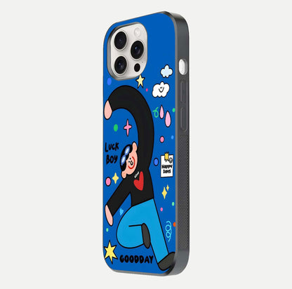 Happy Luck Vibe Glass Case for iPhone 15 Pro Max side-angle image showing reflection polish and vivid charm design