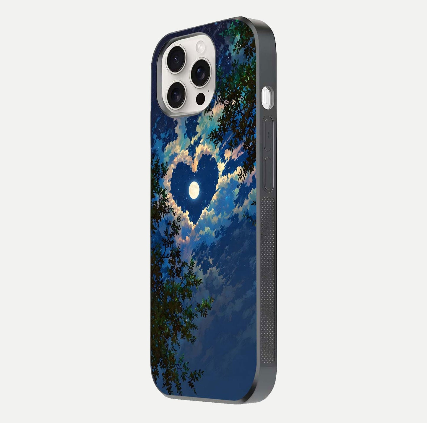 Heart with Moon Sky Glass Case for iPhone 15 Pro Max side-angle image showing reflection brightness and soft tone finish