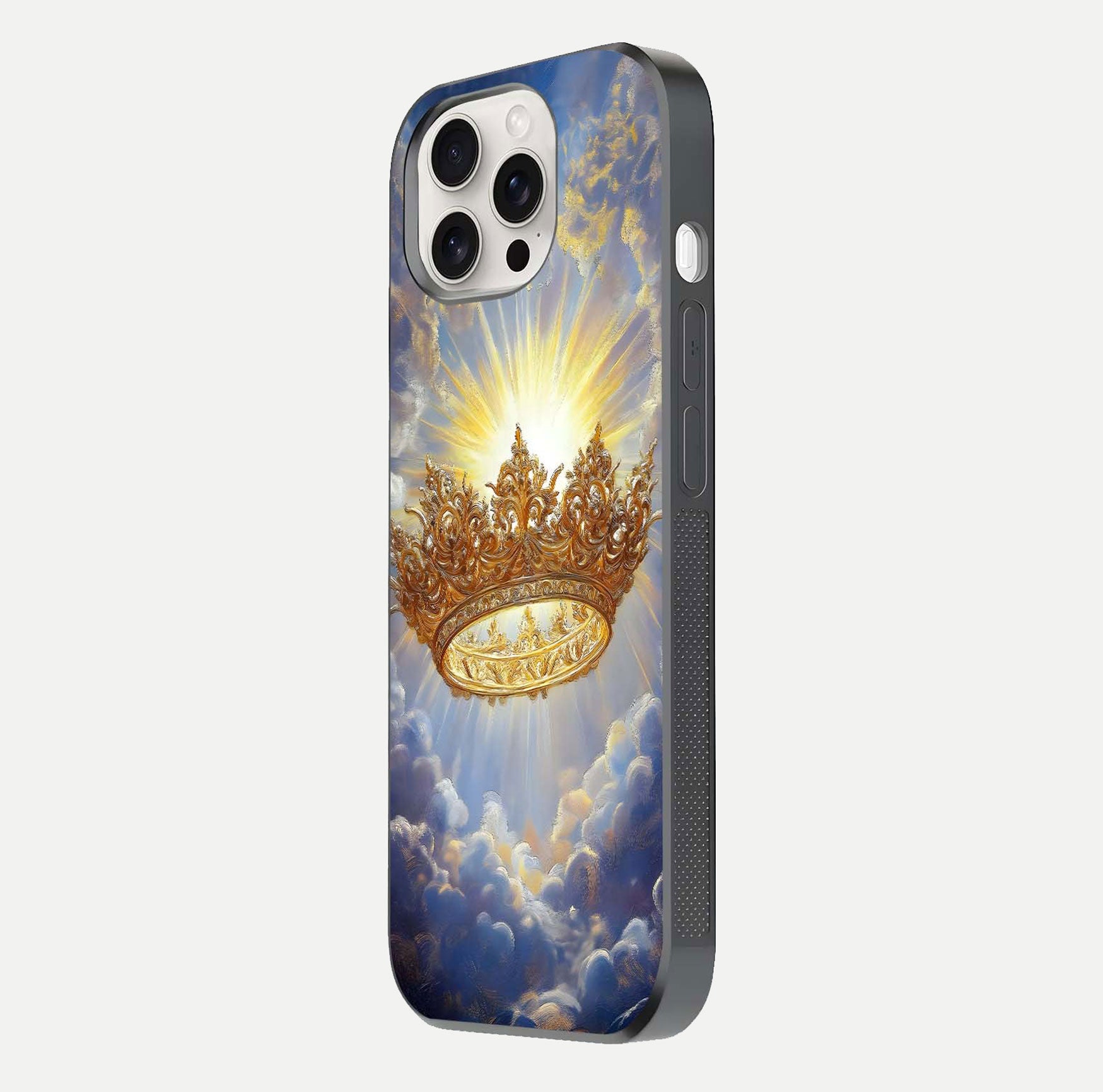 Heavenly Crown Light Glass Case for iPhone 15 Pro Max side-angle image showing reflection brilliance and elegant divine art