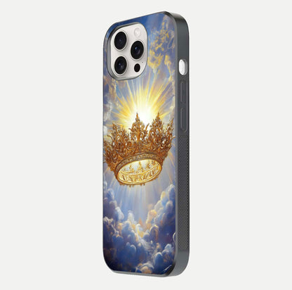 Heavenly Crown Light Glass Case for iPhone 15 Pro Max side-angle image showing reflection brilliance and elegant divine art