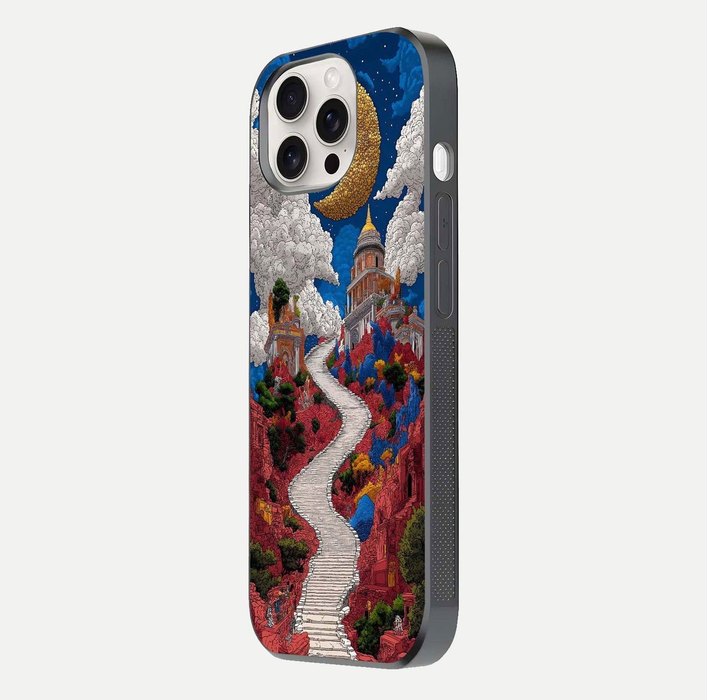 Heavenly Moon Path Glass Case for iPhone 15 Pro Max side-angle image showing reflection clarity and serene moon glow