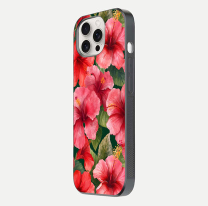 Hibiscus Pattern Glass Case for iPhone 15 Pro Max side-angle image showing reflection brightness and floral detailing