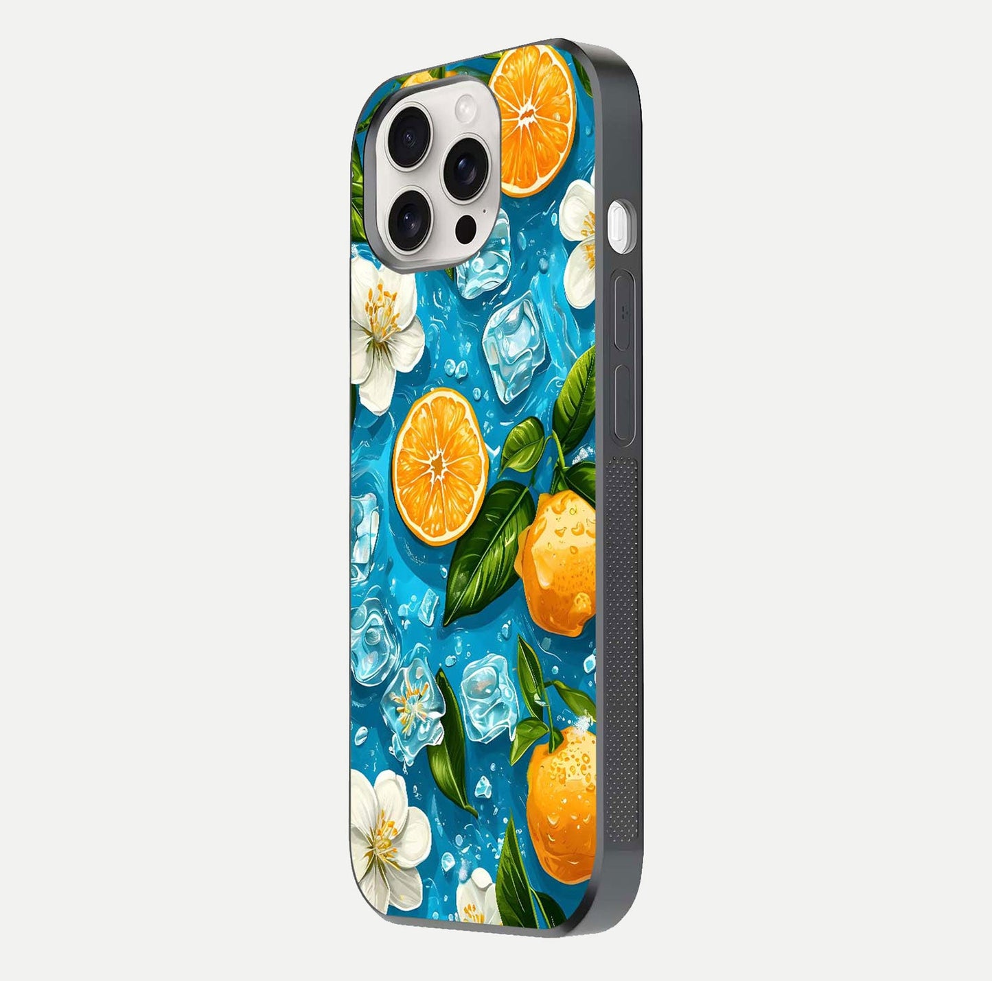 Ice Cube With Orange Glass Case for iPhone 15 Pro Max side-angle image showing reflection brightness and juicy pattern detail