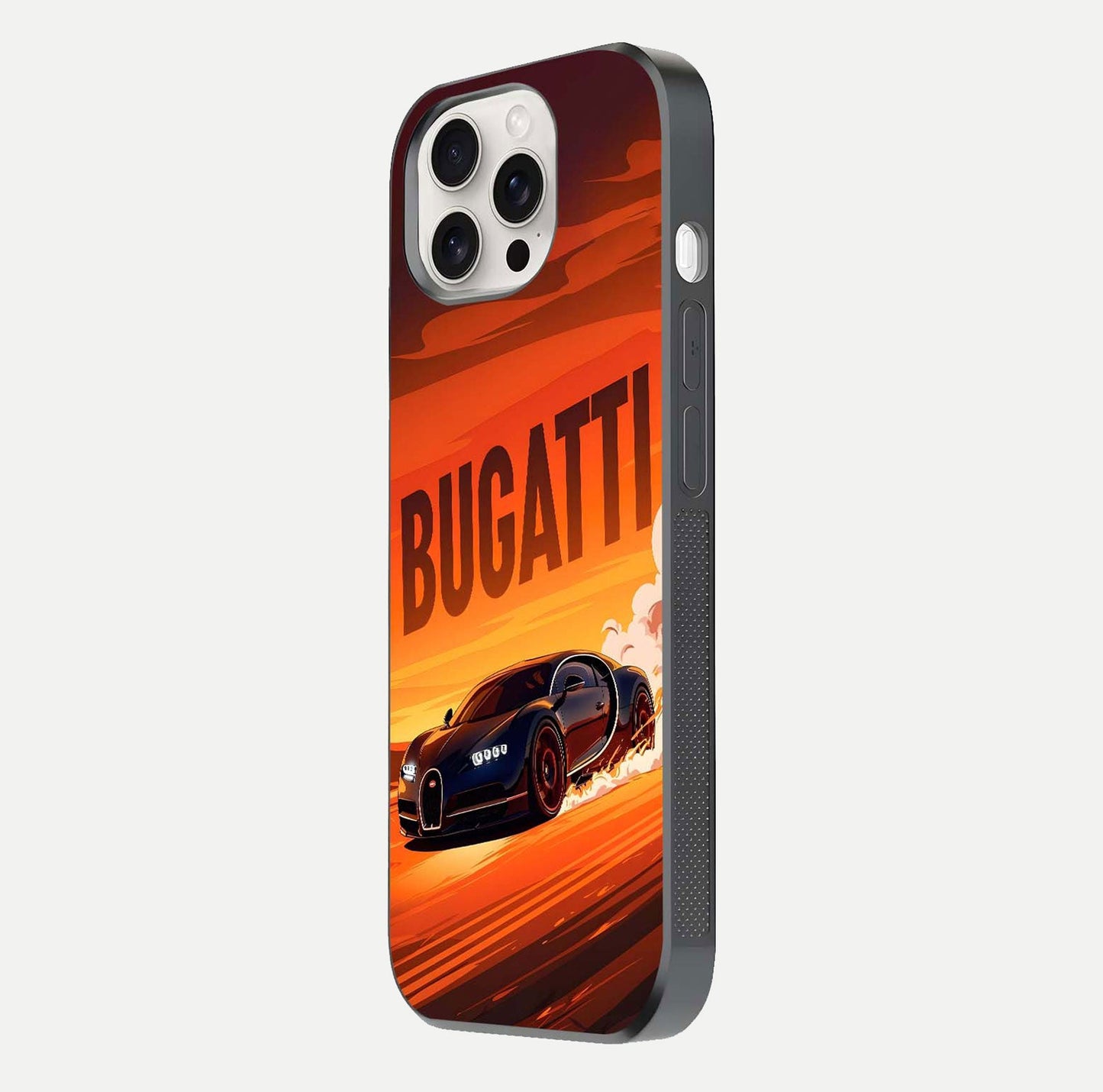 Inferno Bugatti Storm Glass Case for iPhone 15 Pro Max side-angle image showing reflection glow and vibrant red tones