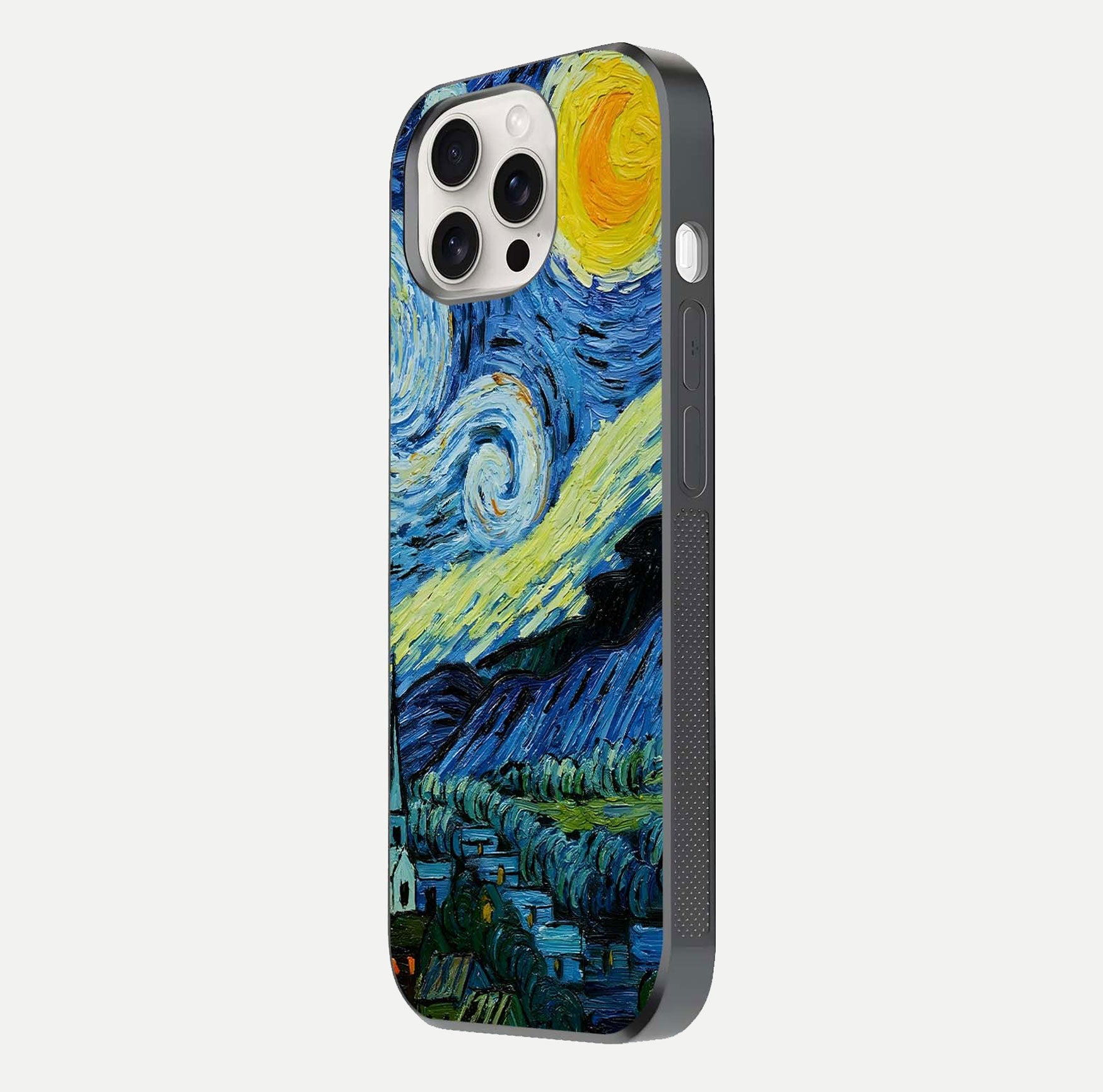 Inspired Van Gogh Art Glass Case for iPhone 15 Pro Max side-angle image showing reflection brilliance and painted surface look