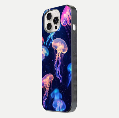 Jellyfish Pattern Glass Case for iPhone 15 Pro Max side-angle image showing reflection glow and soft water-blue gradient