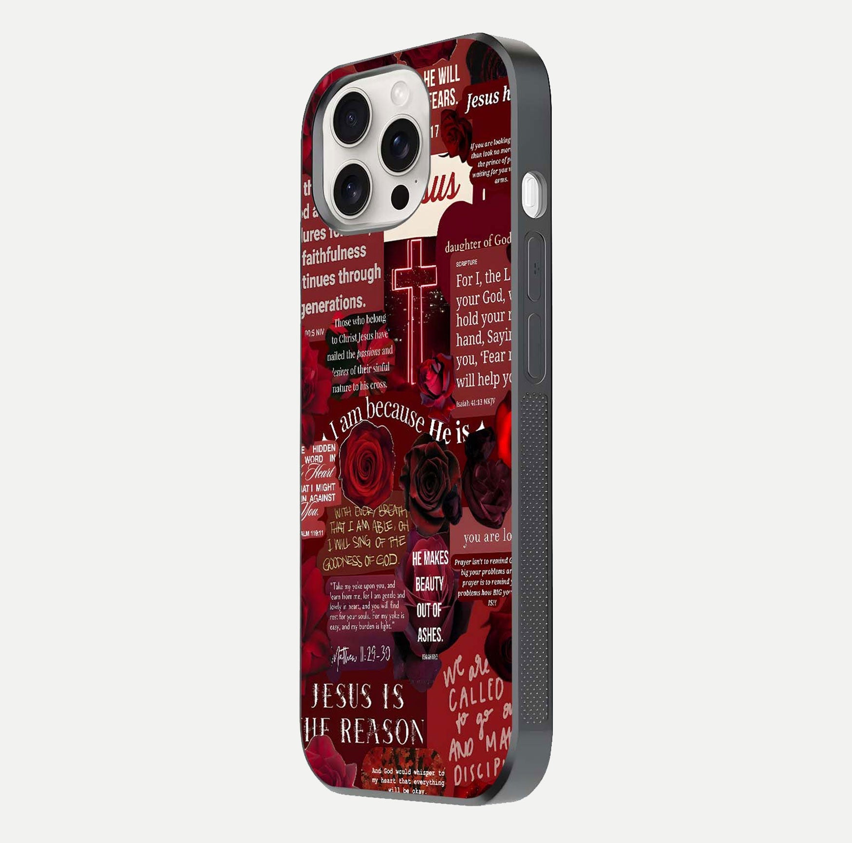 Jesus Love Heals Glass Case for iPhone 15 Pro Max side-angle image highlighting gloss depth and spiritual aura