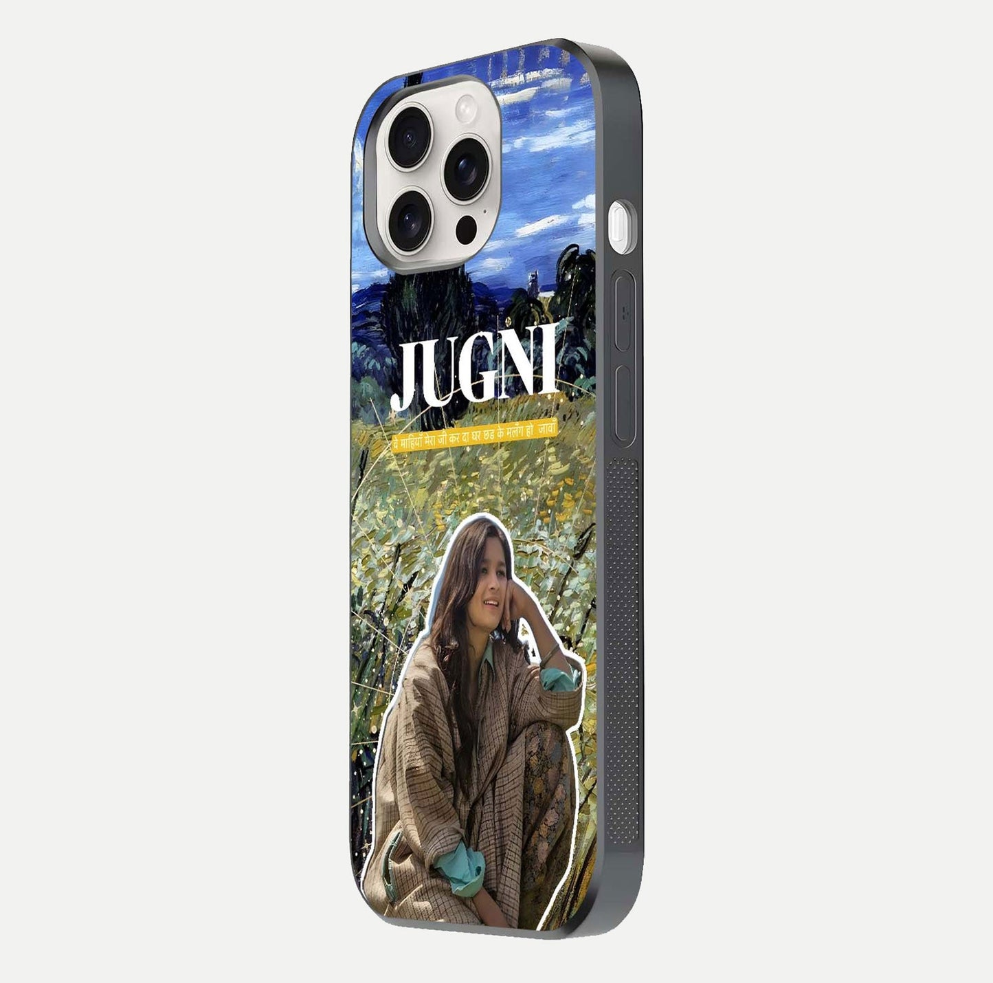 Jugni Soul Vibes Glass Case for iPhone 15 Pro Max side-angle image with stylish typography and HD finish