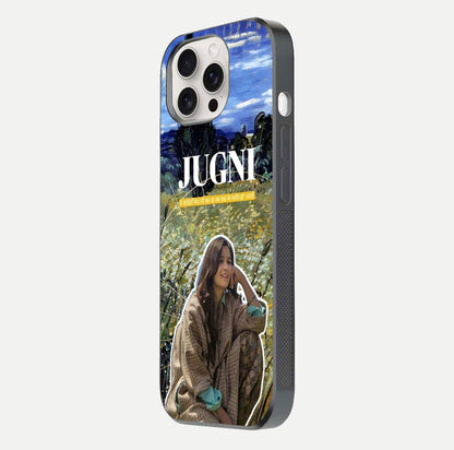 Jugni Soul Vibes Glass Case for iPhone 15 Pro Max side-angle image with stylish typography and HD finish