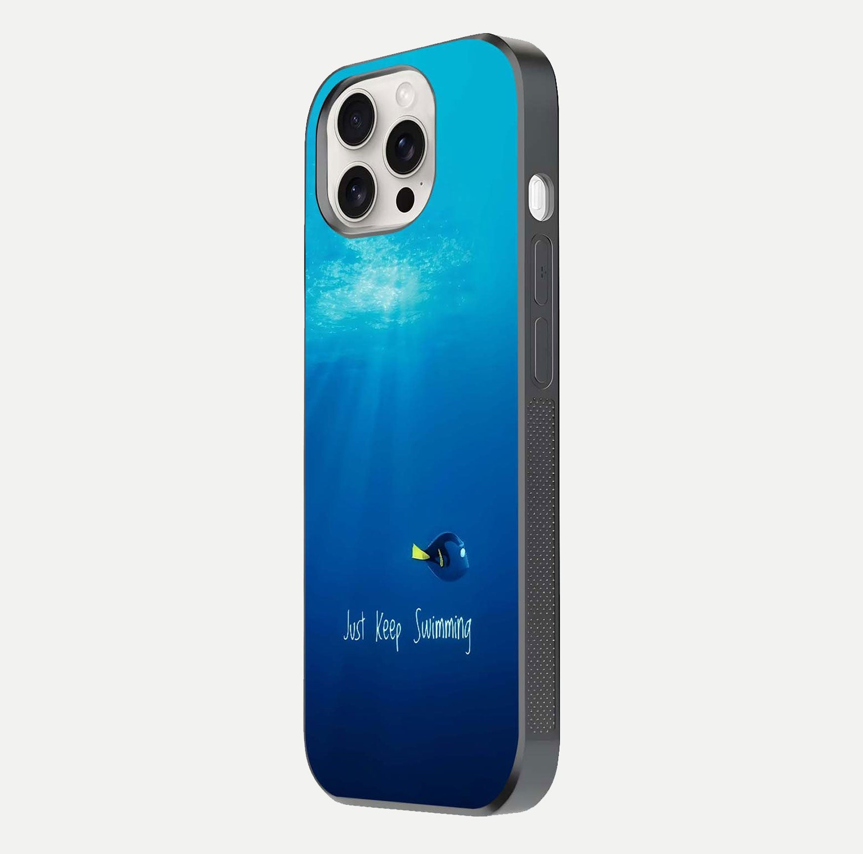 Just Keep Swimming Glass Case for iPhone 15 Pro Max side-angle image highlighting reflective surface and positive quote