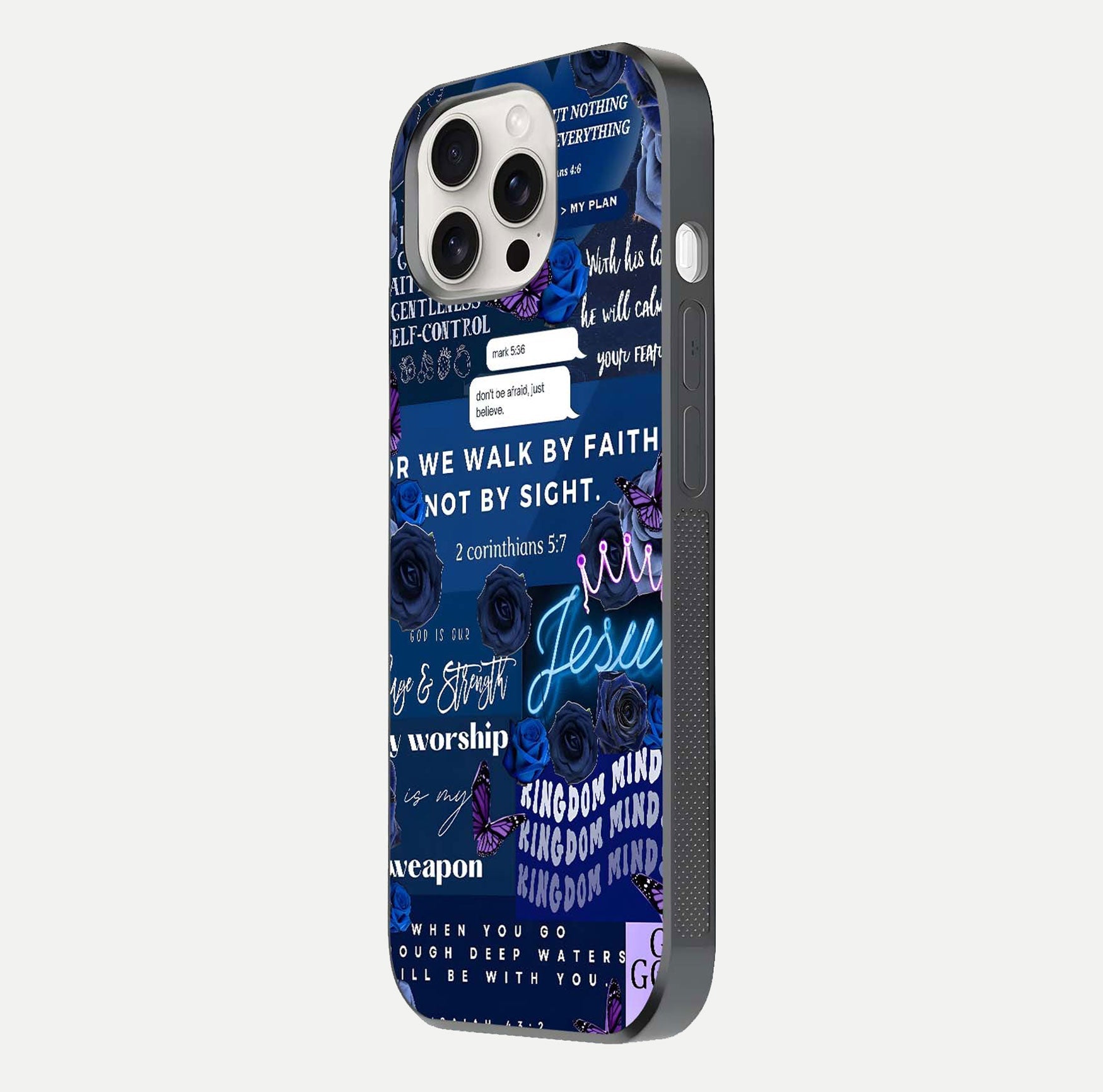 Kingdom Faith Glow Glass Case for iPhone 15 Pro Max side-angle image with reflective cross and faith glow