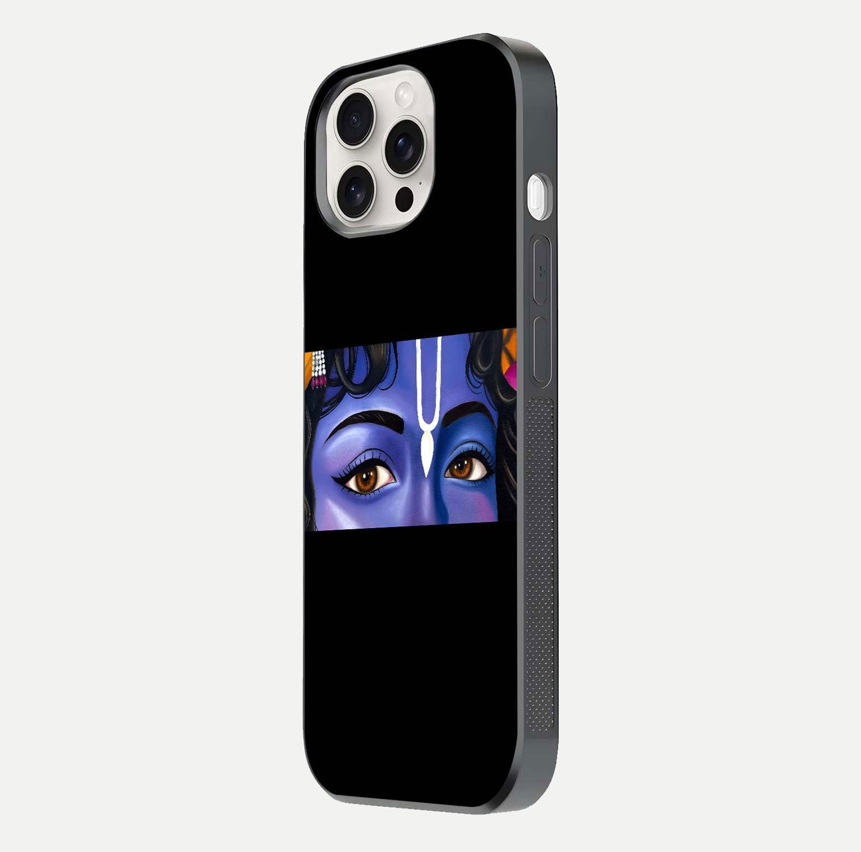 Krishna Eye Glass Case for iPhone 15 Pro Max side-angle image showing reflection clarity and Krishna symbol design