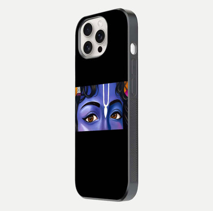 Krishna Eye Glass Case for iPhone 15 Pro Max side-angle image showing reflection clarity and Krishna symbol design