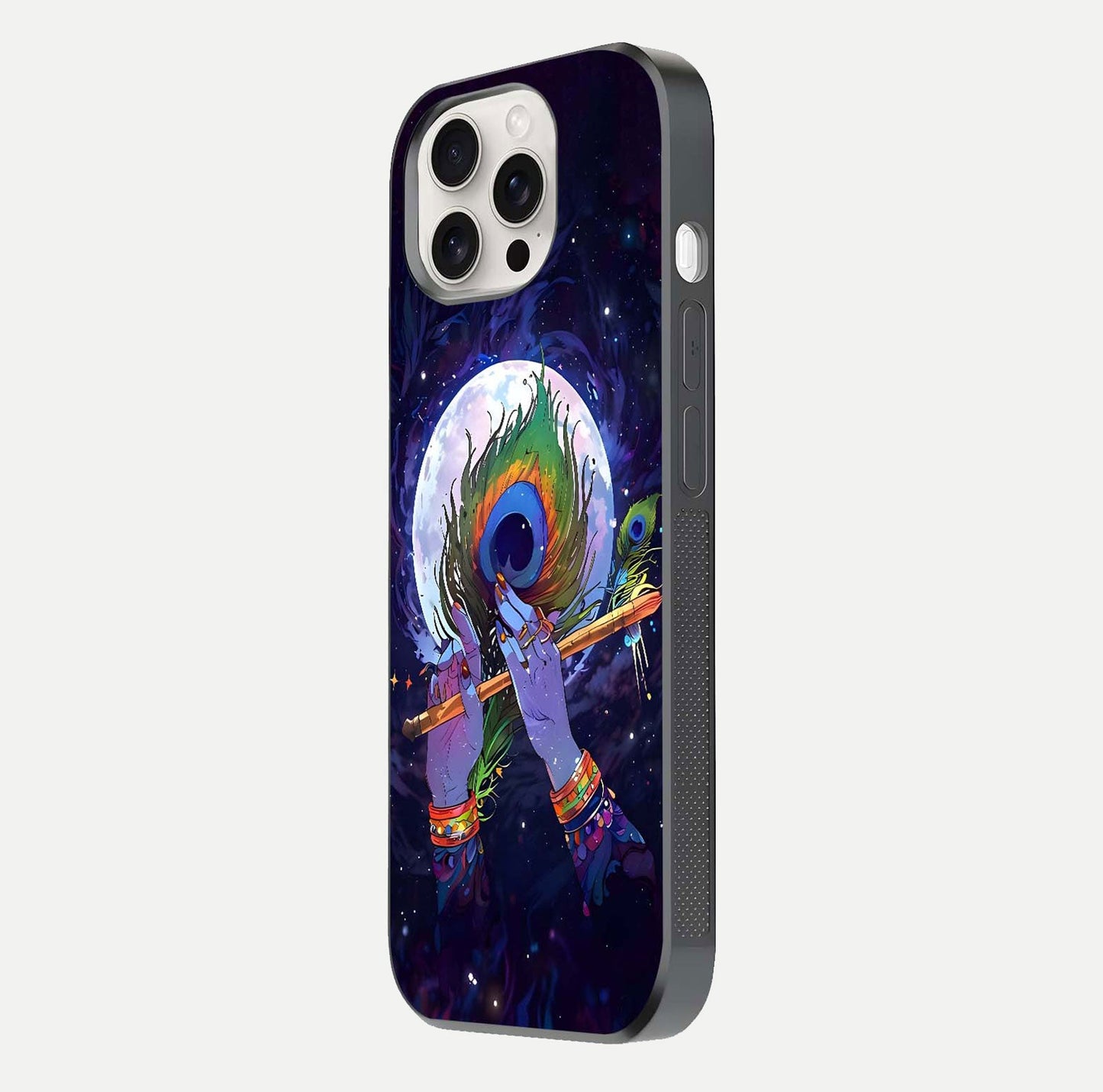 Krishna Hands Art Glass Case for iPhone 15 Pro Max side-angle image highlighting reflection brightness and vivid print
