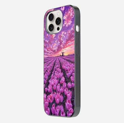 Lavender Dream Skies Glass Case for iPhone 15 Pro Max side-angle image showing reflection depth and serene tones