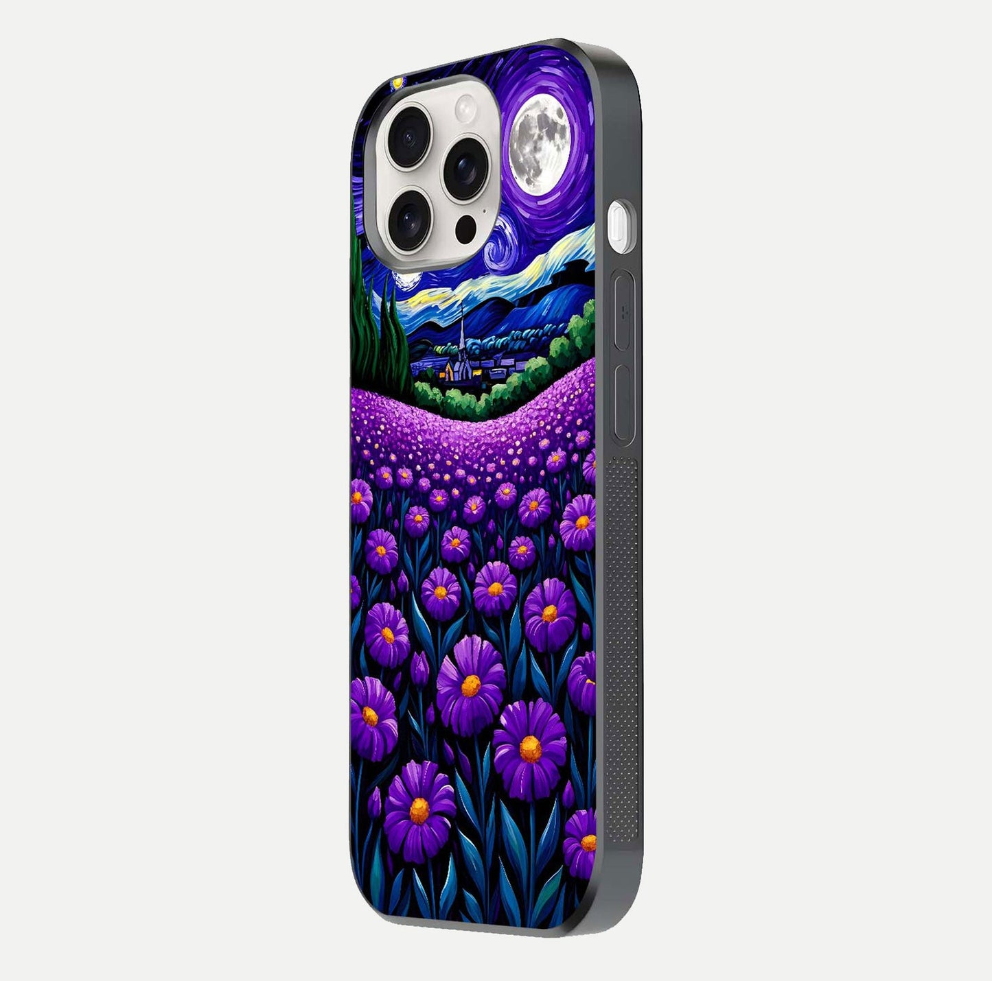 Lavender Moon Field Glass Case for iPhone 15 Pro Max side-angle image showing HD reflection and moonlit lavender art