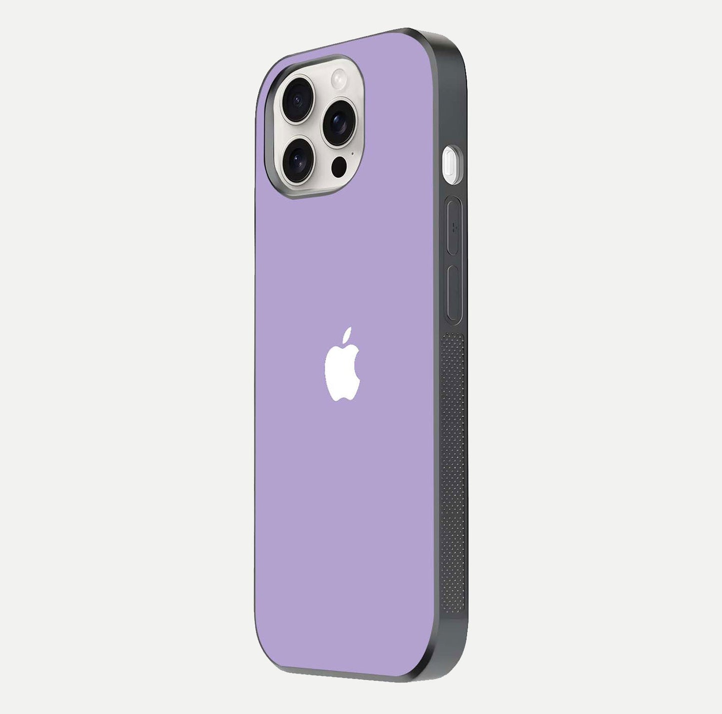 Lavender Soft Minimal Glass Case for iPhone 15 Pro Max side-angle image showing smooth reflection and minimal look
