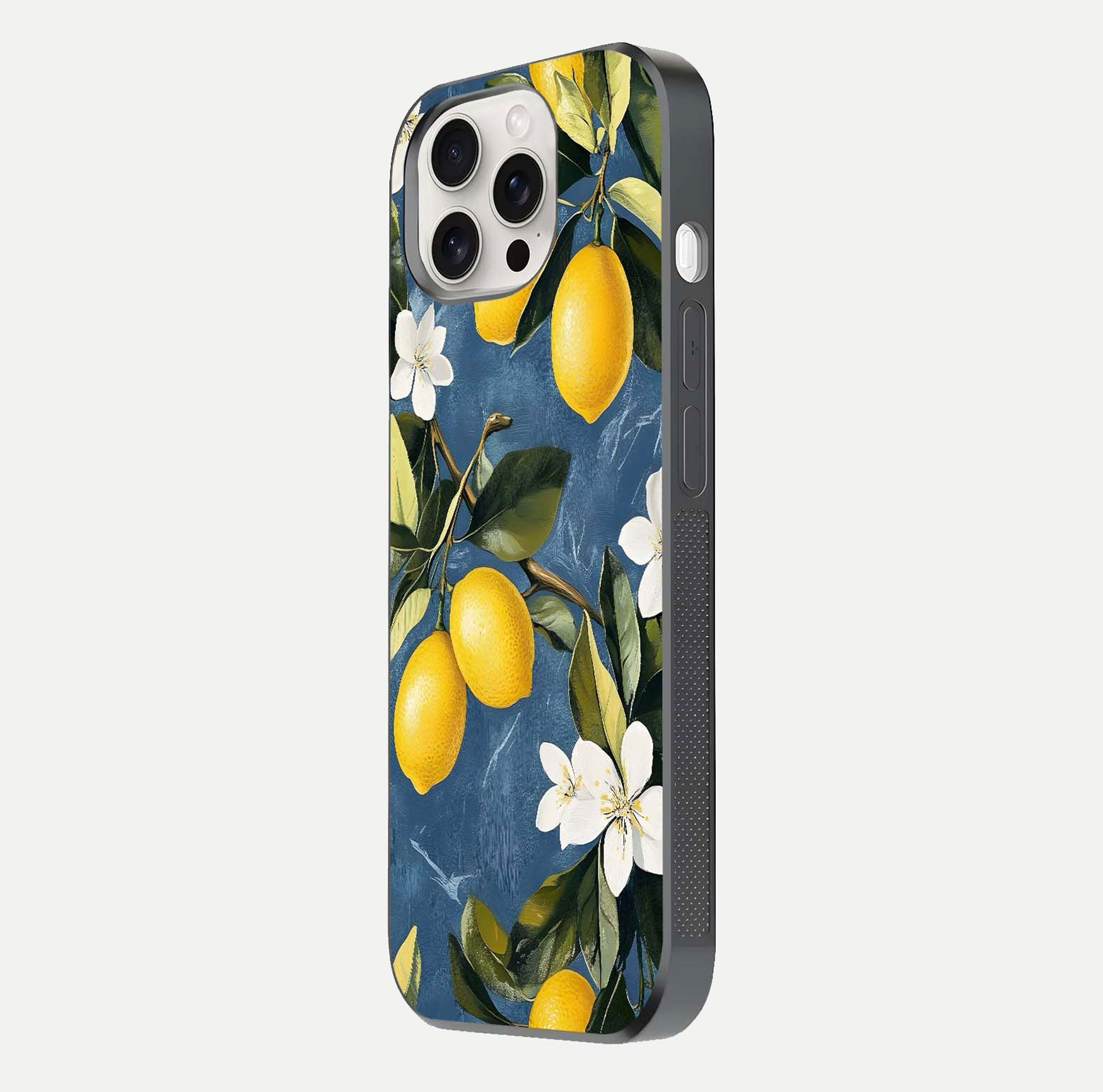 Lemon Dream Garden Glass Case for iPhone 15 Pro Max side-angle image showing reflection clarity and artistic fruit design