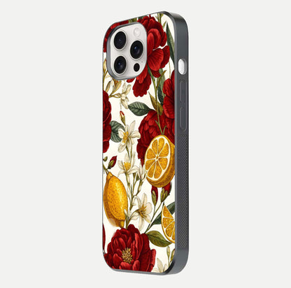 Lemon Rose Charm Glass Case for iPhone 15 Pro Max side-angle image revealing reflection depth and vibrant flower art