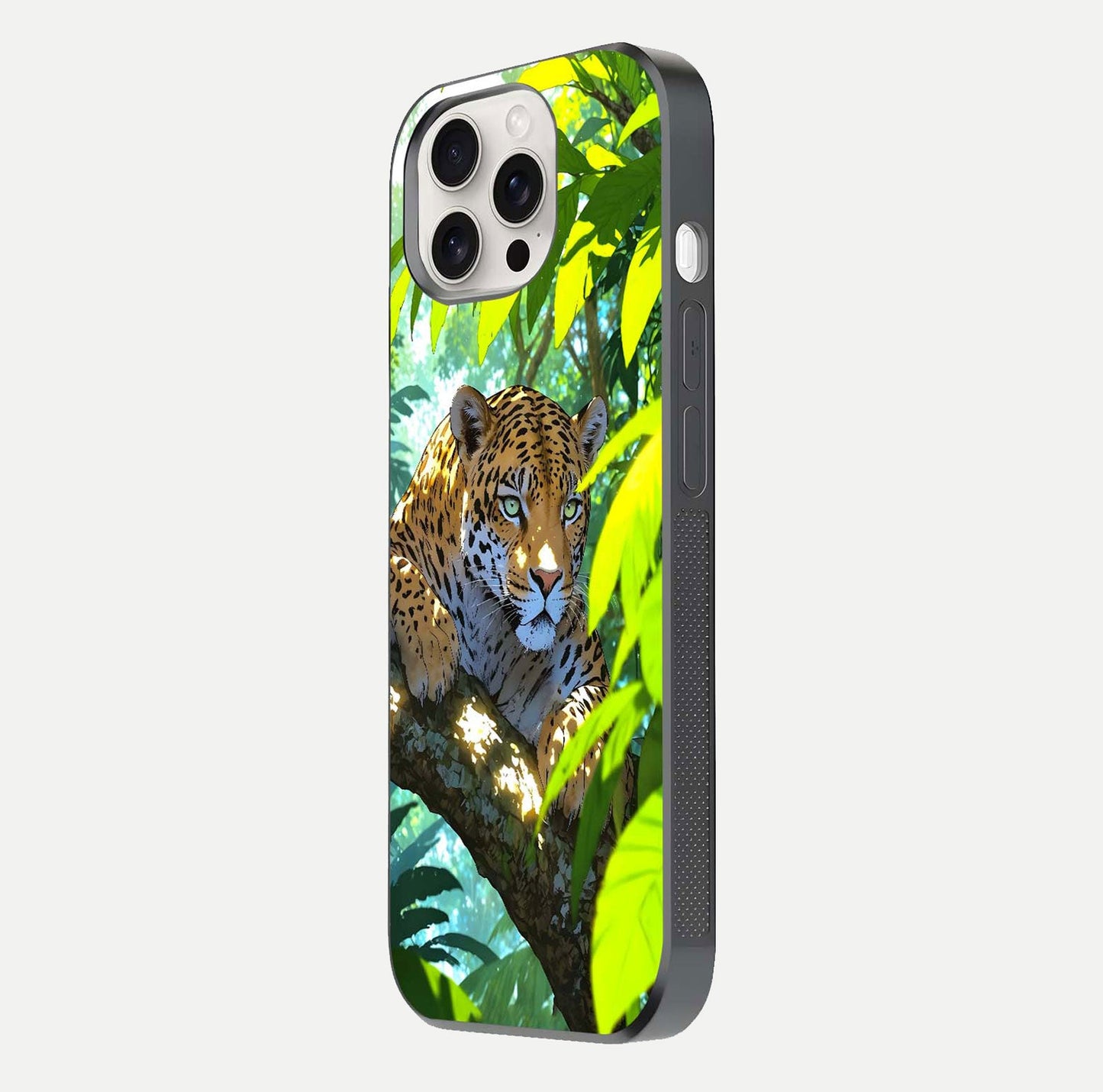 Leopard in Jungle Glass Case for iPhone 15 Pro Max side-angle shot emphasizing contrast and fierce design clarity