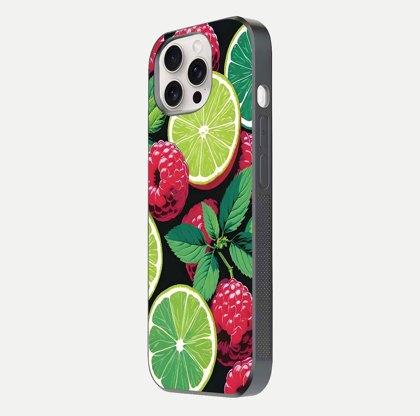 Lime and Raspberry Pattern Glass Case for iPhone 15 Pro Max side-angle view revealing colorful fruit artwork details