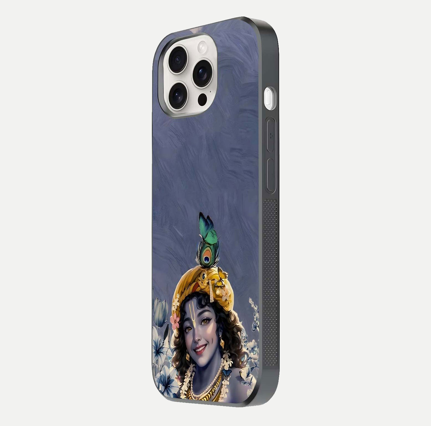 Lord Krishna Glass Case for iPhone 15 Pro Max side-angle image emphasizing premium reflection and sacred motif