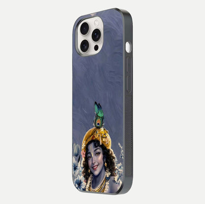 Lord Krishna Glass Case for iPhone 15 Pro Max side-angle image emphasizing premium reflection and sacred motif