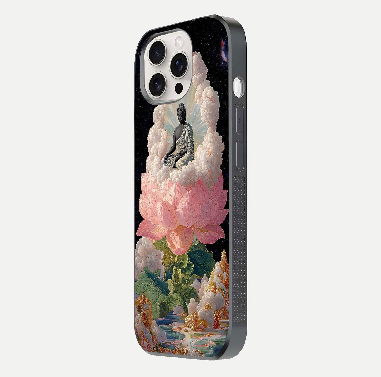 Lotus Divine Peace Glass Case for iPhone 15 Pro Max side-angle shot showing elegant shine and floral symmetry