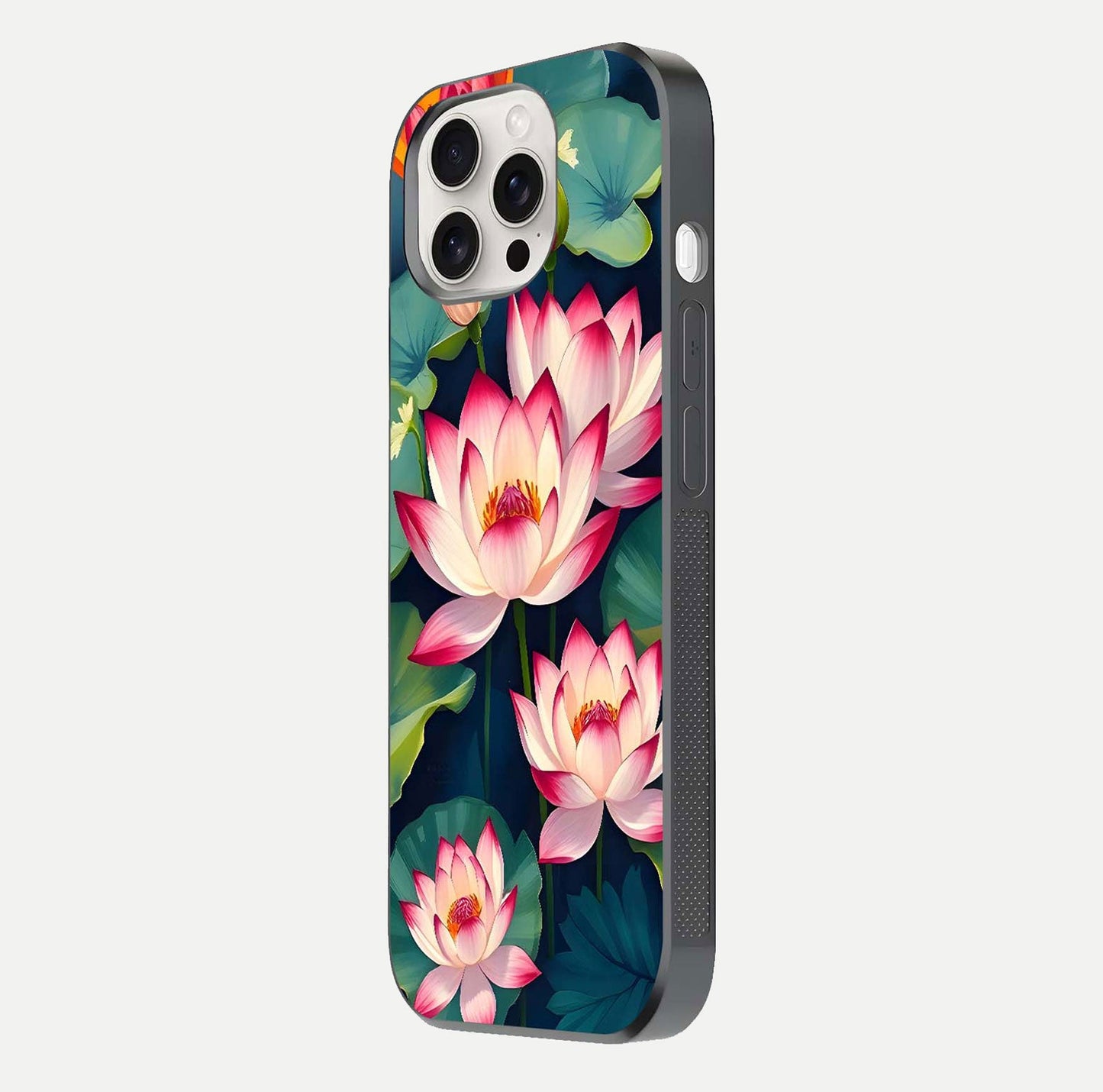 Lotus Dream Serenity Glass Case for iPhone 15 Pro Max side-angle image revealing reflection clarity and calm tones