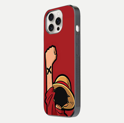 Luffy X Spirit Glass Case for iPhone 15 Pro Max side-angle image highlighting reflection strength and anime print