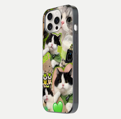 Matcha Cats Mood Glass Case for iPhone 15 Pro Max side-angle image showing shine clarity and cat pattern charm