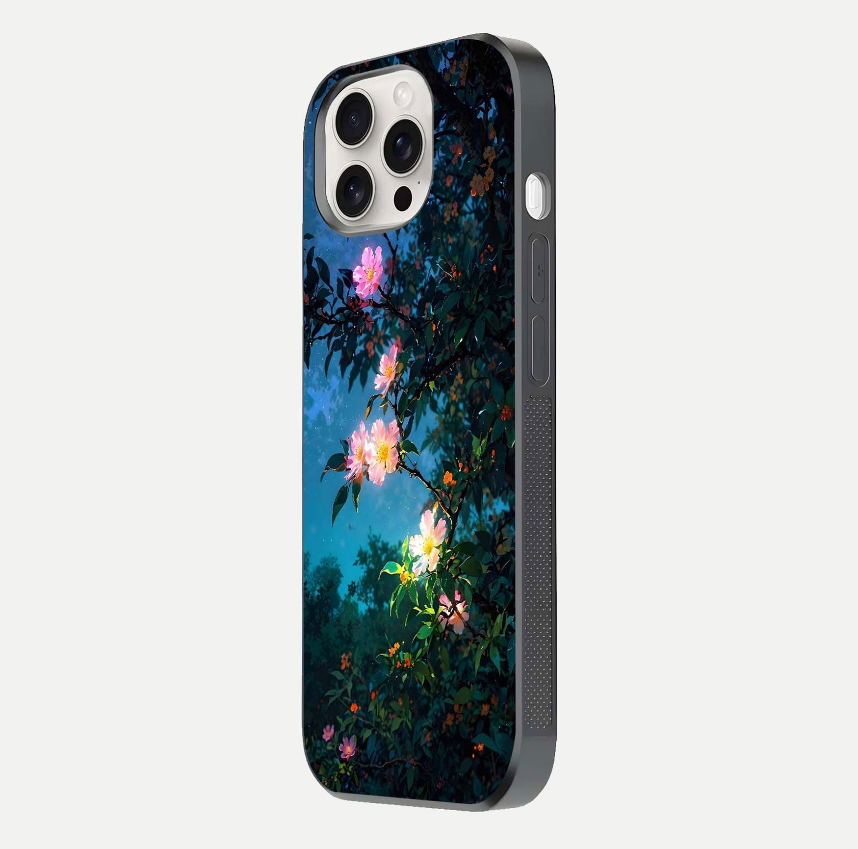 Midnight Bloom Glow Glass Case for iPhone 15 Pro Max side-angle image revealing reflection and deep midnight hues