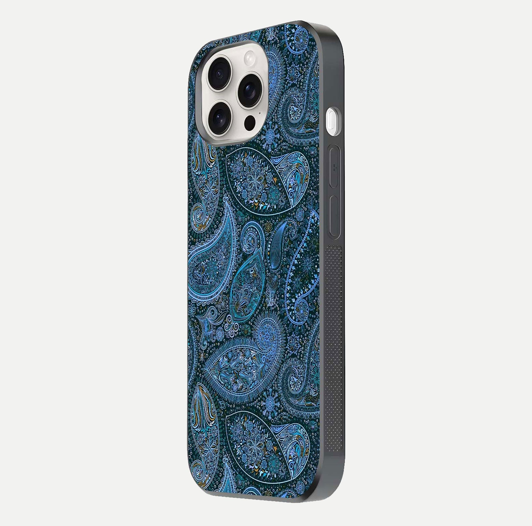Midnight Paisley Glow Glass Case for iPhone 15 Pro Max side-angle image revealing reflective gloss and paisley art