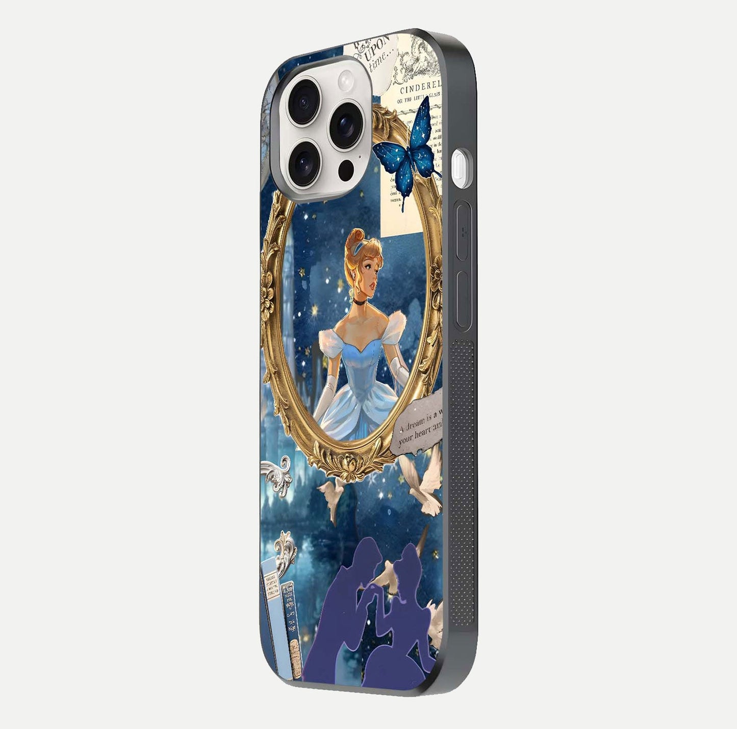 Midnight Queen Glass Case for iPhone 15 Pro Max side-angle image showing reflection brightness and elegant tone