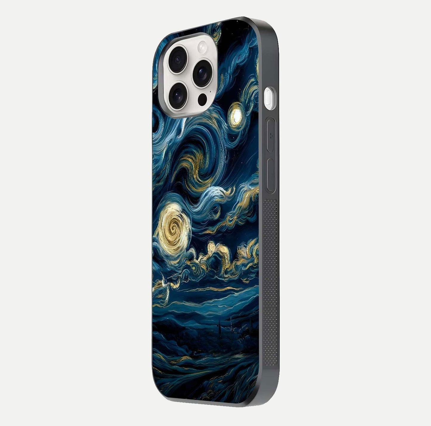 Midnight Sky Whirl Glass Case for iPhone 15 Pro Max side-angle image showing reflection depth and galaxy pattern