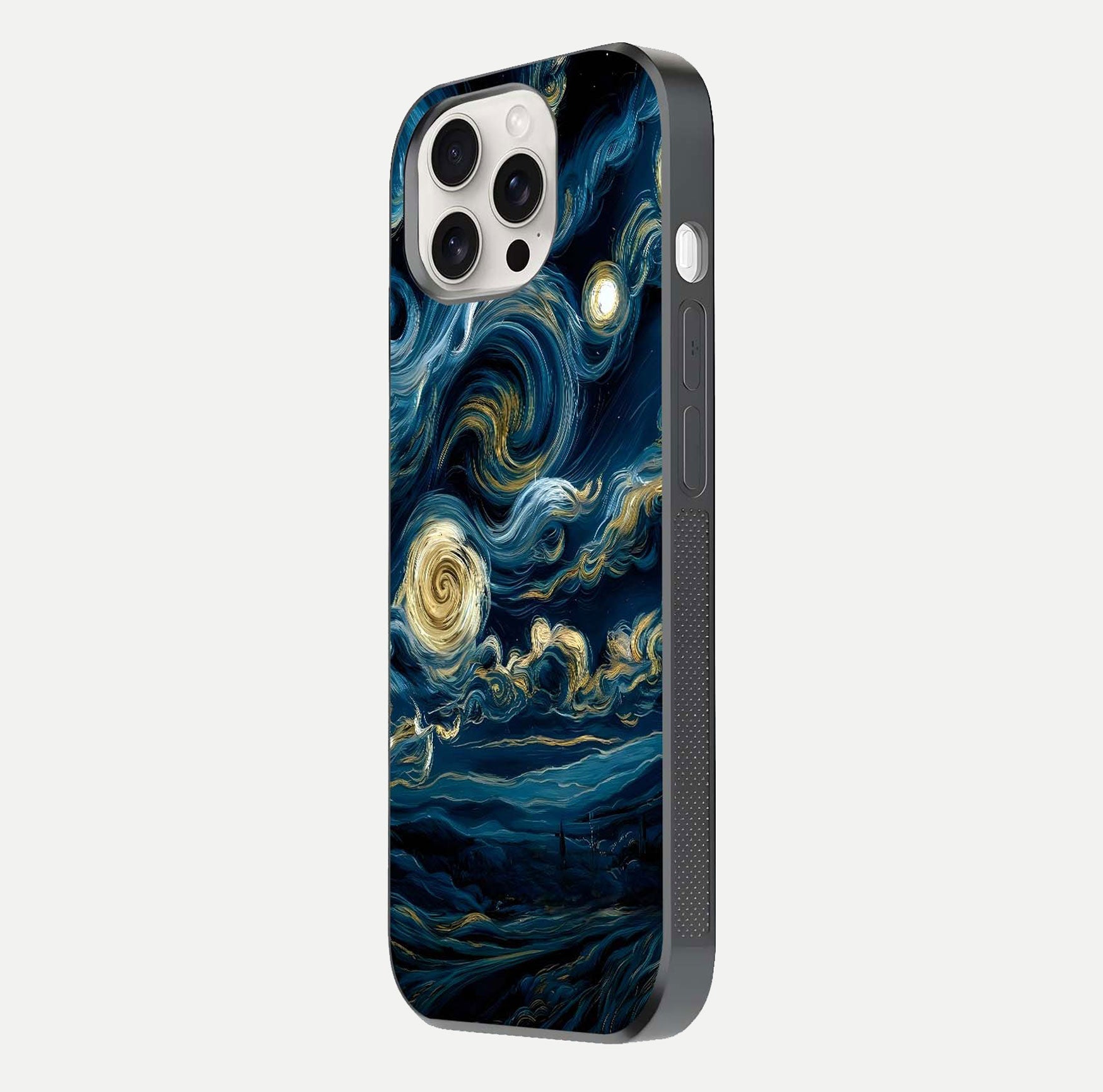 Midnight Sky Whirl Glass Case for iPhone 15 Pro Max side-angle image showing reflection depth and galaxy pattern