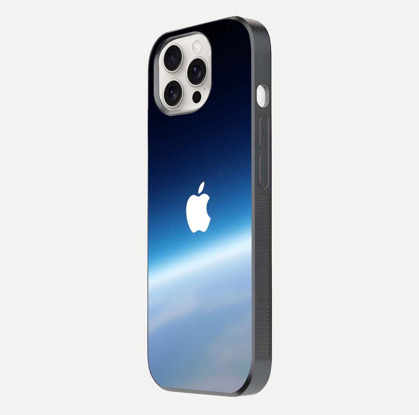 Minimal Apple Sky Glass Case for iPhone 15 Pro Max side-angle image showing smooth reflection and gentle sky tone