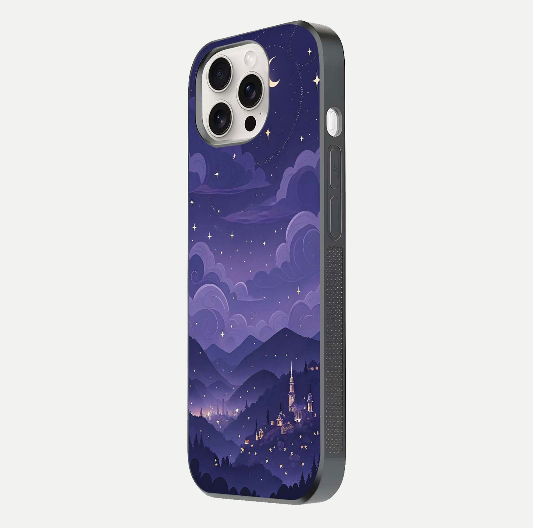Minimal Night View Glass Case for iPhone 15 Pro Max side-angle image showing subtle reflection and urban design