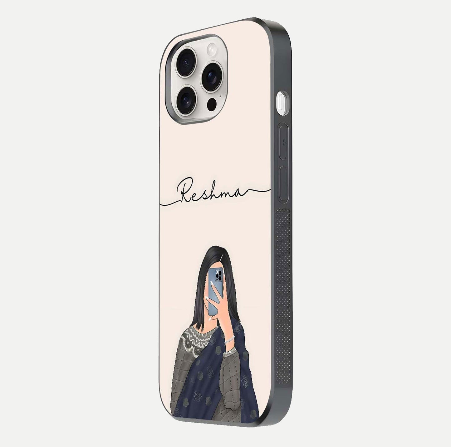 Mirror Mood Muse Custom Name Glass Case for iPhone 15 Pro Max side-angle image emphasizing glossy mirror texture