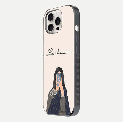 Mirror Mood Muse Custom Name Glass Case for iPhone 15 Pro Max side-angle image emphasizing glossy mirror texture