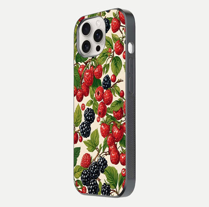 Mixed Berry Collage Glass Case for iPhone 15 Pro Max side-angle image showing reflection and HD fruit texture