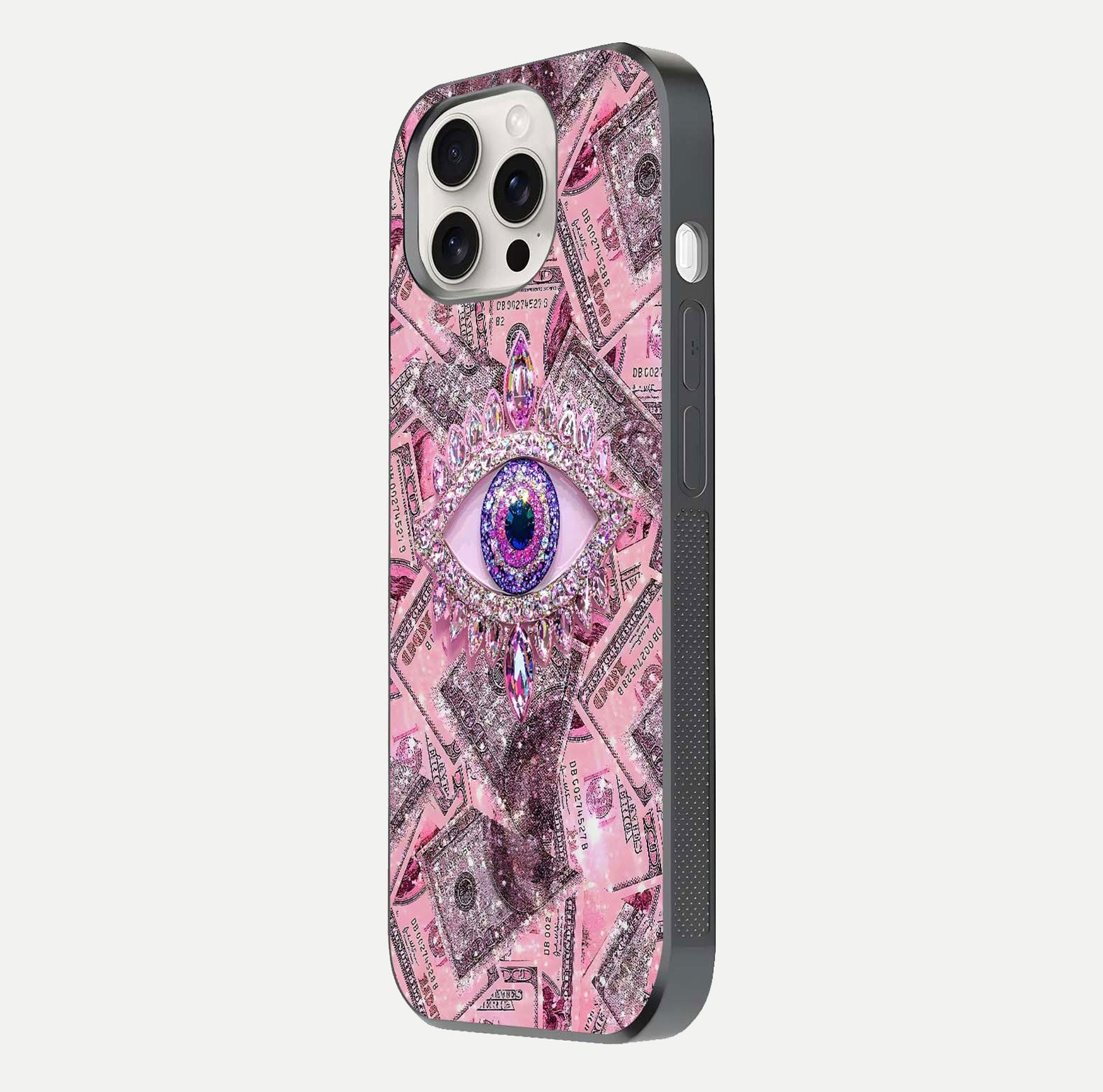 Money Eye Luxe Glass Case for iPhone 15 Pro Max side-angle image showing HD reflection and luxury print clarity
